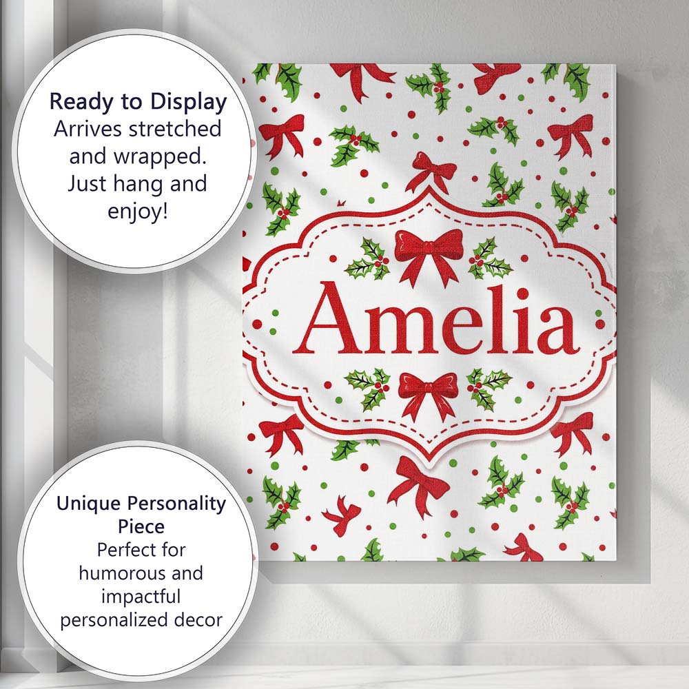 Personalised Name Christmas Holly Leaves Custom Unique Gift Idea Elegant Feature Canvas Wall Art Print Decor Picture Ready to Hang