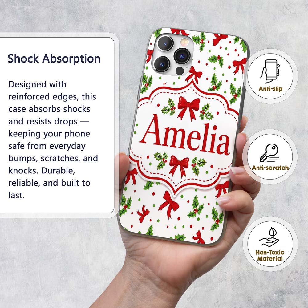 Christmas Holly Leaves Red Bows Printed Design Custom Name Protective Phone Case Mobile Cover Durable Everyday Smartphone Shock Resistant