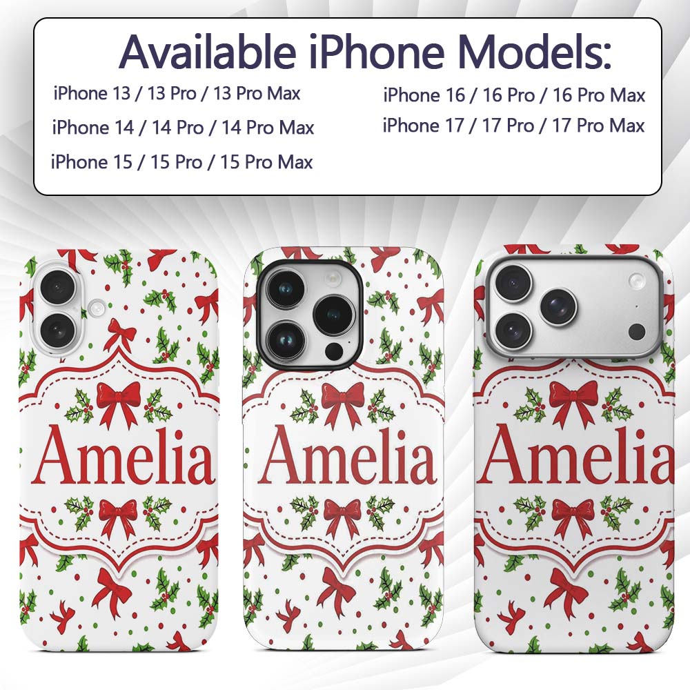 Christmas Holly Leaves Red Bows Printed Design Custom Name Protective Phone Case Mobile Cover Durable Everyday Smartphone Shock Resistant