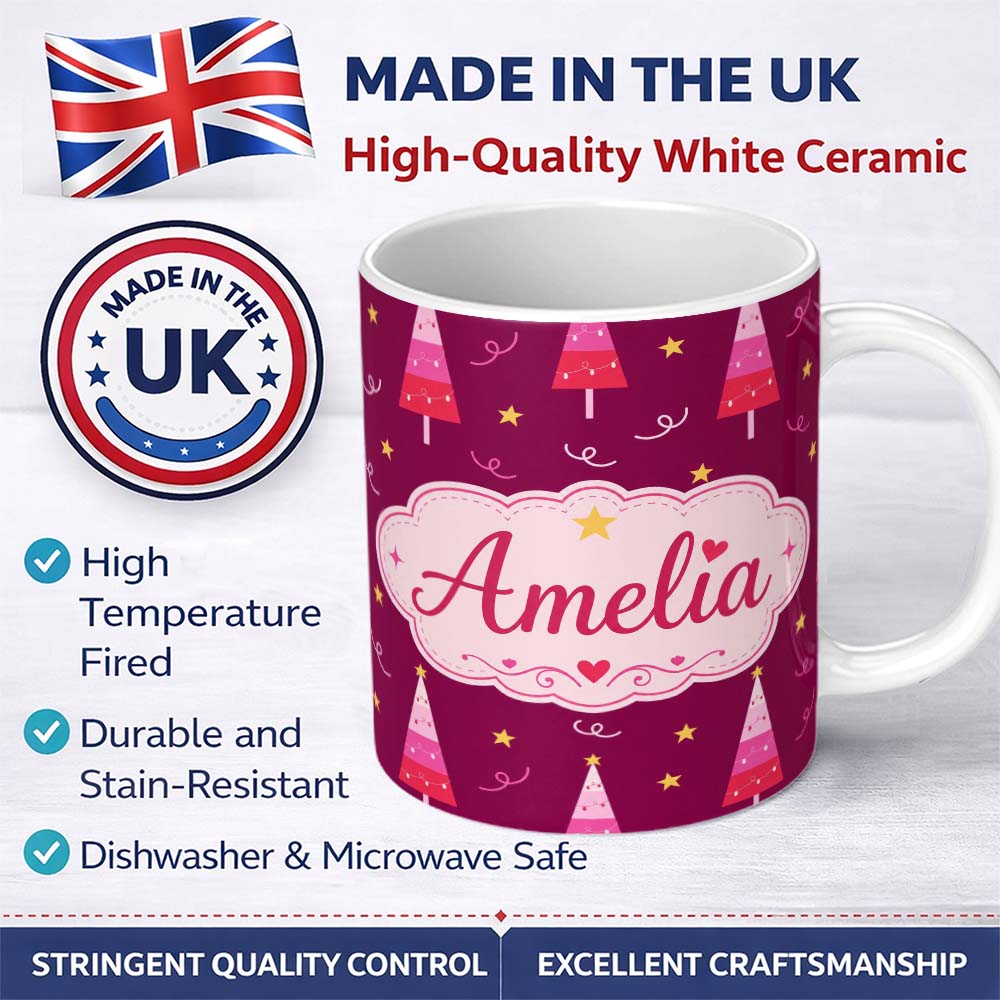 Personalized Custom Name Pink Christmas Trees Stars Lights Festive Seamless Pattern Lovely 11oz Ceramic Coffee Tea Mug White Large Handle