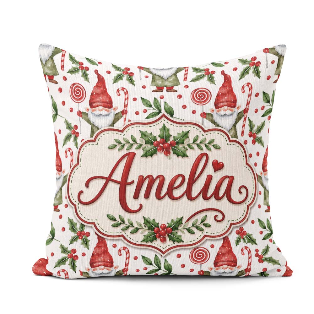 Custom Name Christmas Gnome Candy Cane Lollipop Seamless Pattern Square Filled Cushion Throw Pillow Sofa Bed Home Decor Zip Washable UK Made