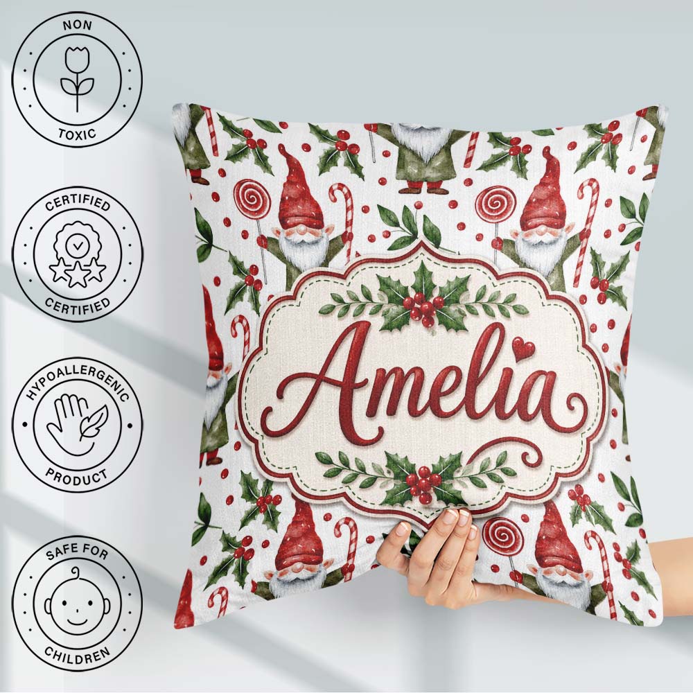 Custom Name Christmas Gnome Candy Cane Lollipop Seamless Pattern Square Filled Cushion Throw Pillow Sofa Bed Home Decor Zip Washable UK Made