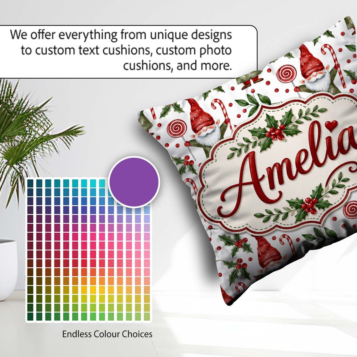 Custom Name Christmas Gnome Candy Cane Lollipop Seamless Pattern Square Filled Cushion Throw Pillow Sofa Bed Home Decor Zip Washable UK Made