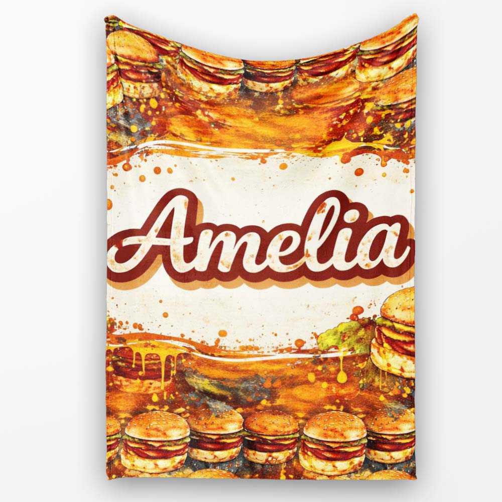 Vintage Grunge Cheeseburger Seamless Pattern Fast Food Illustration Personalised Custom Name Super Soft Fleece Blanket Bed Sofa Throw