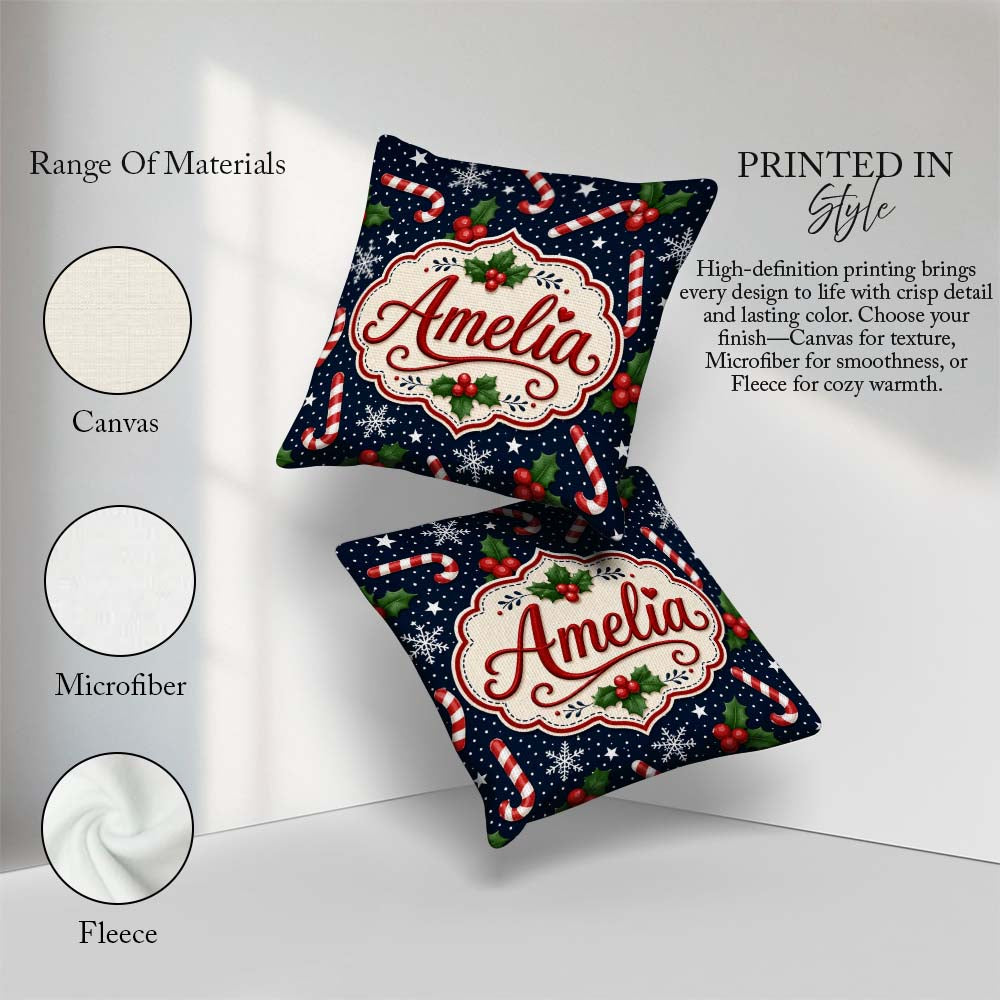 Custom Name Christmas Candy Cane Holly Snowflakes Dark Seamless Square Filled Cushion Throw Pillow Sofa Bed Home Decor Zip Washable UK Made