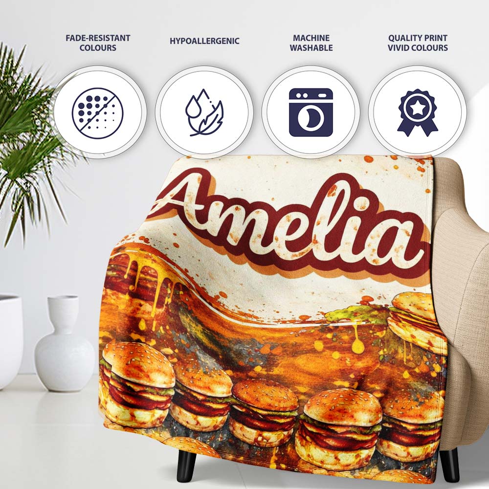 Vintage Grunge Cheeseburger Seamless Pattern Fast Food Illustration Personalised Custom Name Super Soft Fleece Blanket Bed Sofa Throw