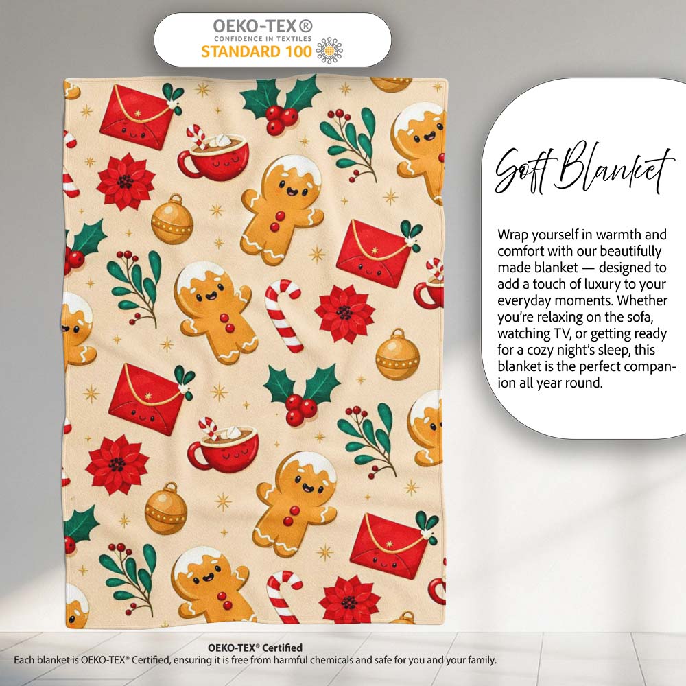 Cute Gingerbread Cookies Envelope Cocoa Seamless Pattern Lovely Personalised Custom Name Super Soft Fleece Blanket Bed Sofa Throw