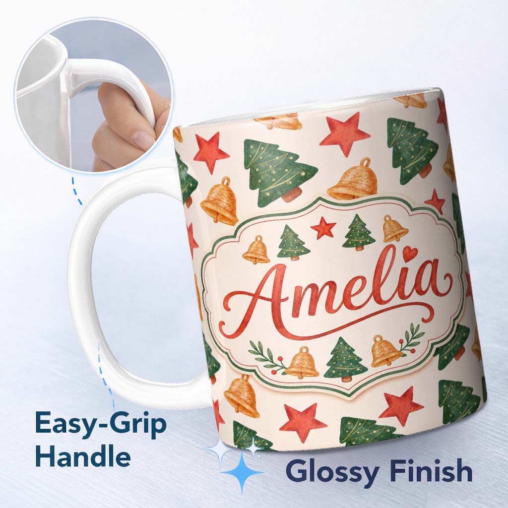 Personalized Custom Name Watercolor Christmas Tree Star Bell Minimal Holiday Seamless Pattern 11oz Ceramic Coffee Tea Mug White Large Handle