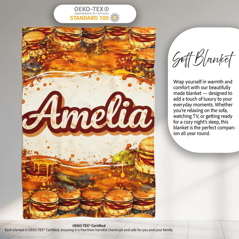 Vintage Grunge Cheeseburger Seamless Pattern Fast Food Illustration Personalised Custom Name Super Soft Fleece Blanket Bed Sofa Throw