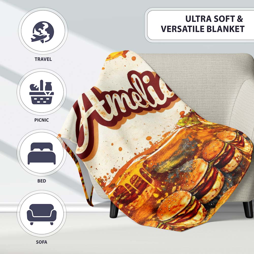 Vintage Grunge Cheeseburger Seamless Pattern Fast Food Illustration Personalised Custom Name Super Soft Fleece Blanket Bed Sofa Throw