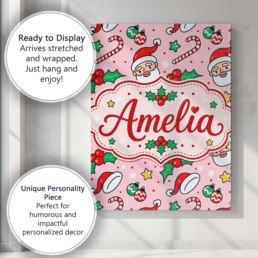 Personalised Name Cute Santa Face Hats Custom Modern Room Accent Elegant Feature Canvas Wall Art Print Decor Picture Ready to Hang