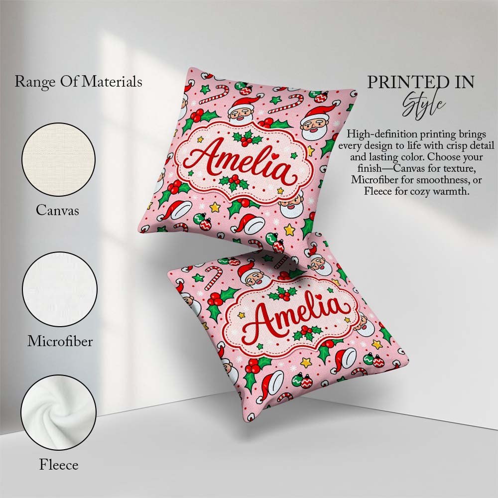 Custom Name Santa Face Hats Candy Cane Pink Seamless Pattern Square Filled Cushion Throw Pillow Sofa Bed Home Decor Zip Washable UK Made