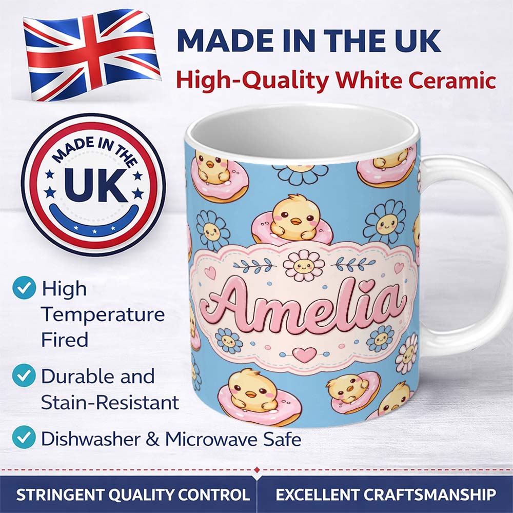 Personalized Custom Name Cute Baby Chick Donut Flowers Seamless Pattern Blue Background 11oz Ceramic Coffee Tea Mug White Large Handle