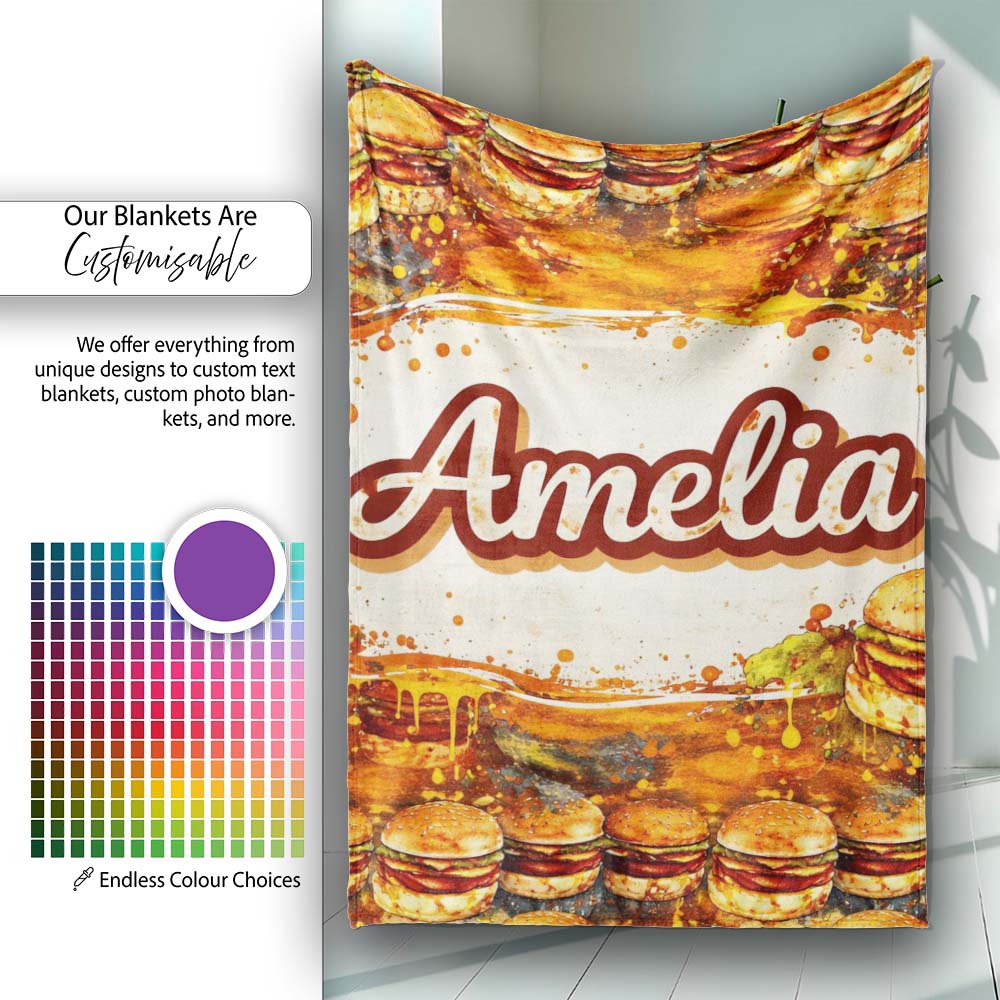 Vintage Grunge Cheeseburger Seamless Pattern Fast Food Illustration Personalised Custom Name Super Soft Fleece Blanket Bed Sofa Throw