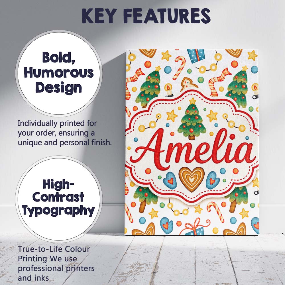 Personalised Name Cute Christmas Tree Custom Modern Room Accent Creative Decorator Style Canvas Wall Art Print Decor Picture Ready to Hang