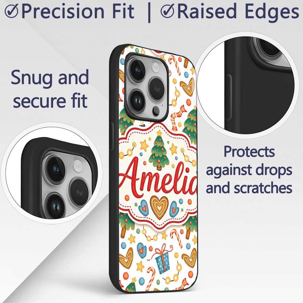 Cute Christmas Tree Gingerbread Candy Cane Gift Custom Name Protective Phone Case Mobile Cover Durable Everyday Smartphone Shock Resistant