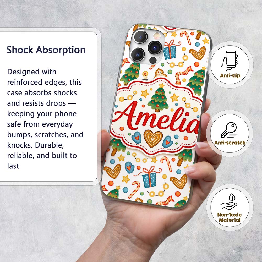 Cute Christmas Tree Gingerbread Candy Cane Gift Custom Name Protective Phone Case Mobile Cover Durable Everyday Smartphone Shock Resistant
