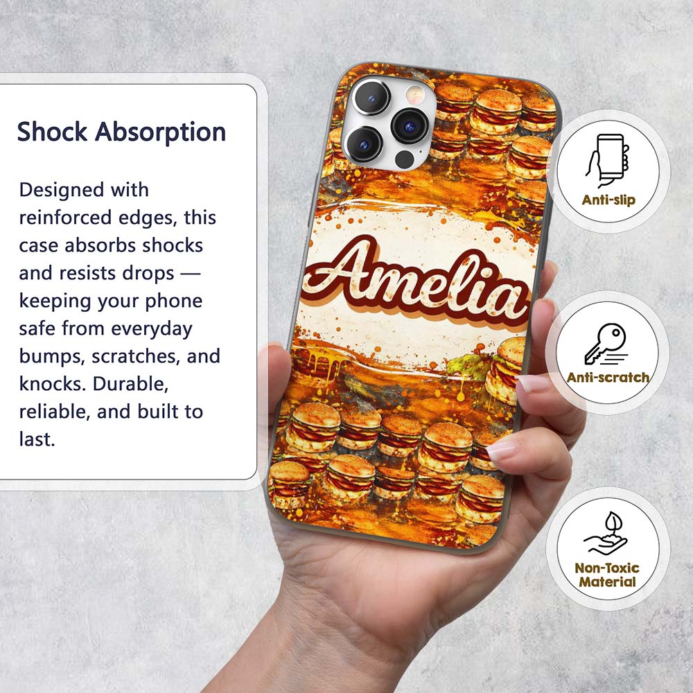 Vintage Grunge Cheeseburger Seamless Pattern Fast Custom Name Protective Phone Case Mobile Cover Durable Everyday Smartphone Shock Resistant