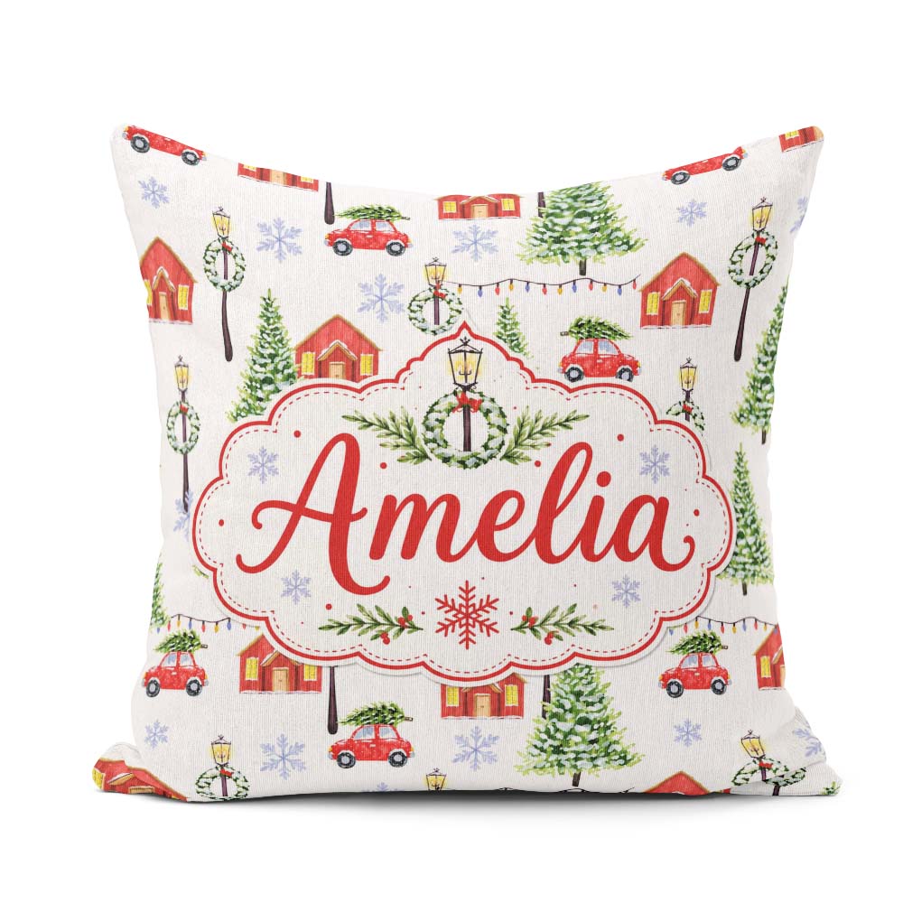 Custom Name Watercolor Christmas Village Trees Cars Snow Pattern Square Filled Cushion Throw Pillow Sofa Bed Home Decor Zip Washable UK Made