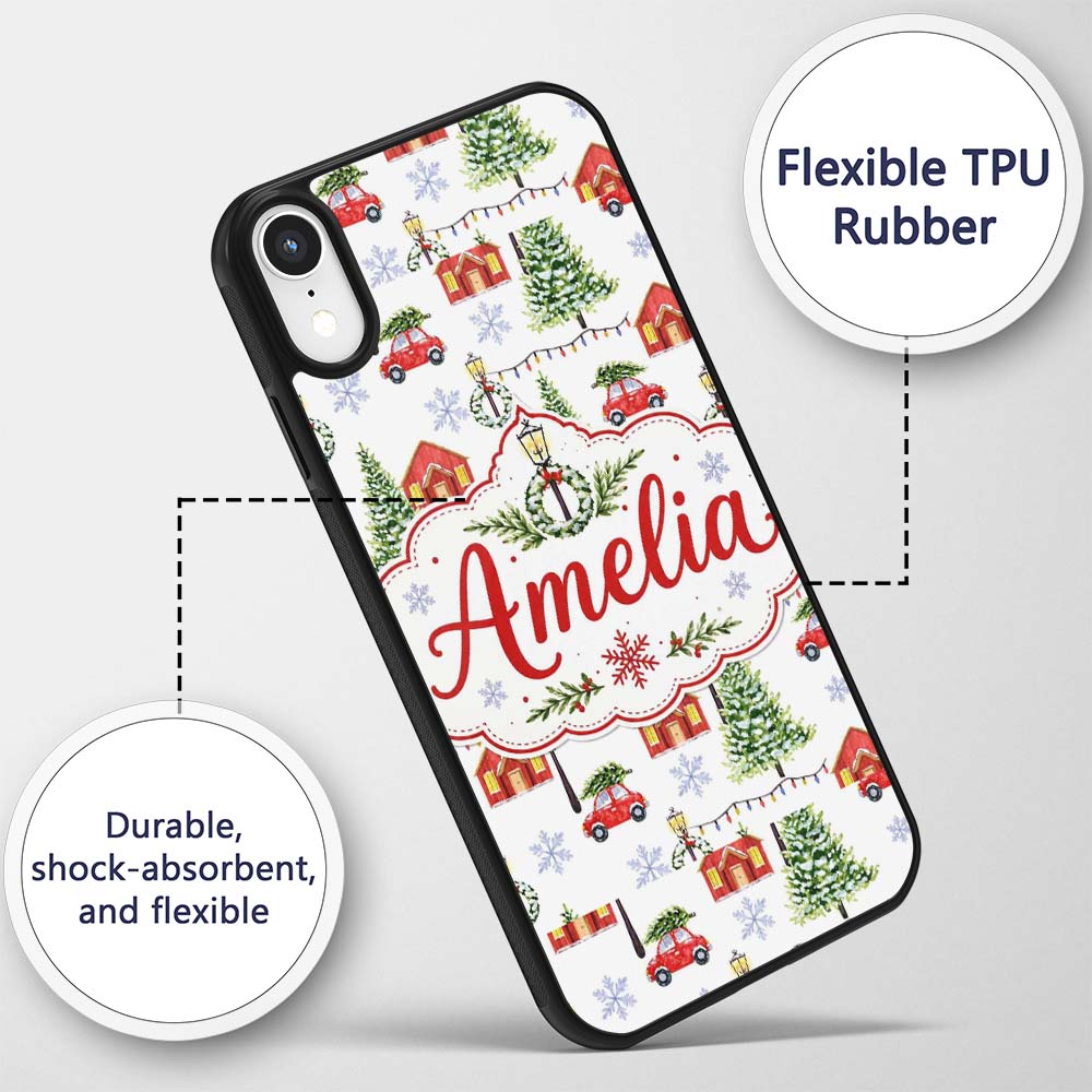 Watercolor Christmas Village Trees Cars Snow Custom Name Protective Phone Case Mobile Cover Durable Everyday Smartphone Shock Resistant