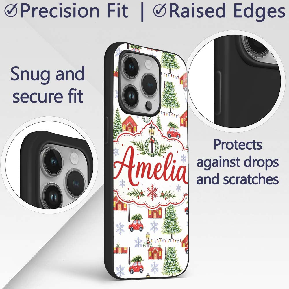 Watercolor Christmas Village Trees Cars Snow Custom Name Protective Phone Case Mobile Cover Durable Everyday Smartphone Shock Resistant