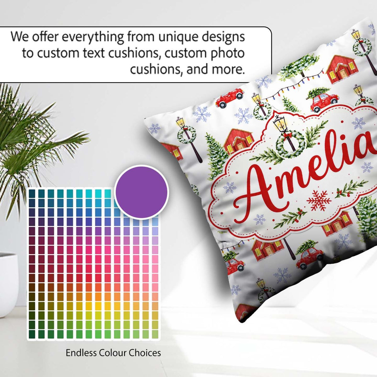 Custom Name Watercolor Christmas Village Trees Cars Snow Pattern Square Filled Cushion Throw Pillow Sofa Bed Home Decor Zip Washable UK Made