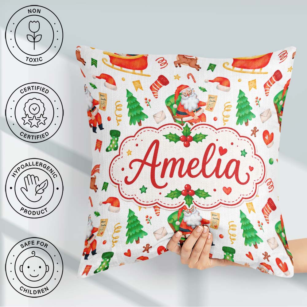 Custom Name Santa Sleigh Reindeer Socks Gifts Seamless Pattern Square Filled Cushion Throw Pillow Sofa Bed Home Decor Zip Washable UK Made
