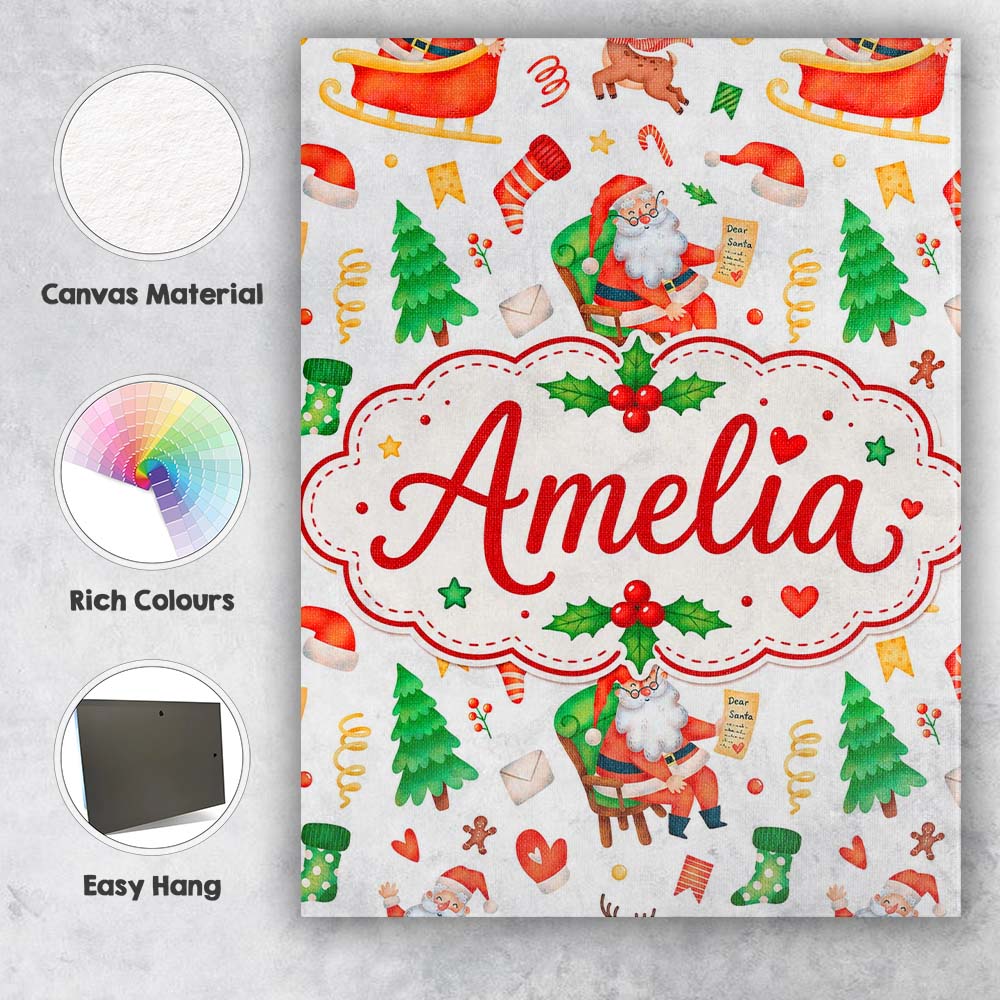 Personalised Name Cute Santa Sleigh Reindeer Custom Bespoke Contemporary Display Canvas Wall Art Print Decor Picture Ready to Hang