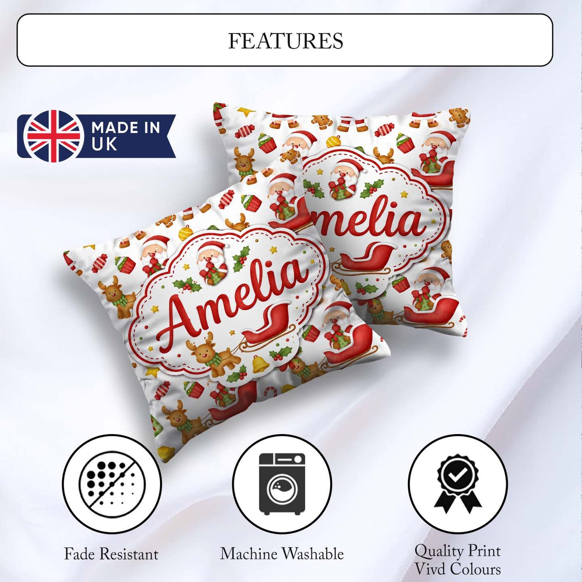 Custom Name Cute Santa Reindeer Elf Characters Seamless Pattern Square Filled Cushion Throw Pillow Sofa Bed Home Decor Zip Washable UK Made
