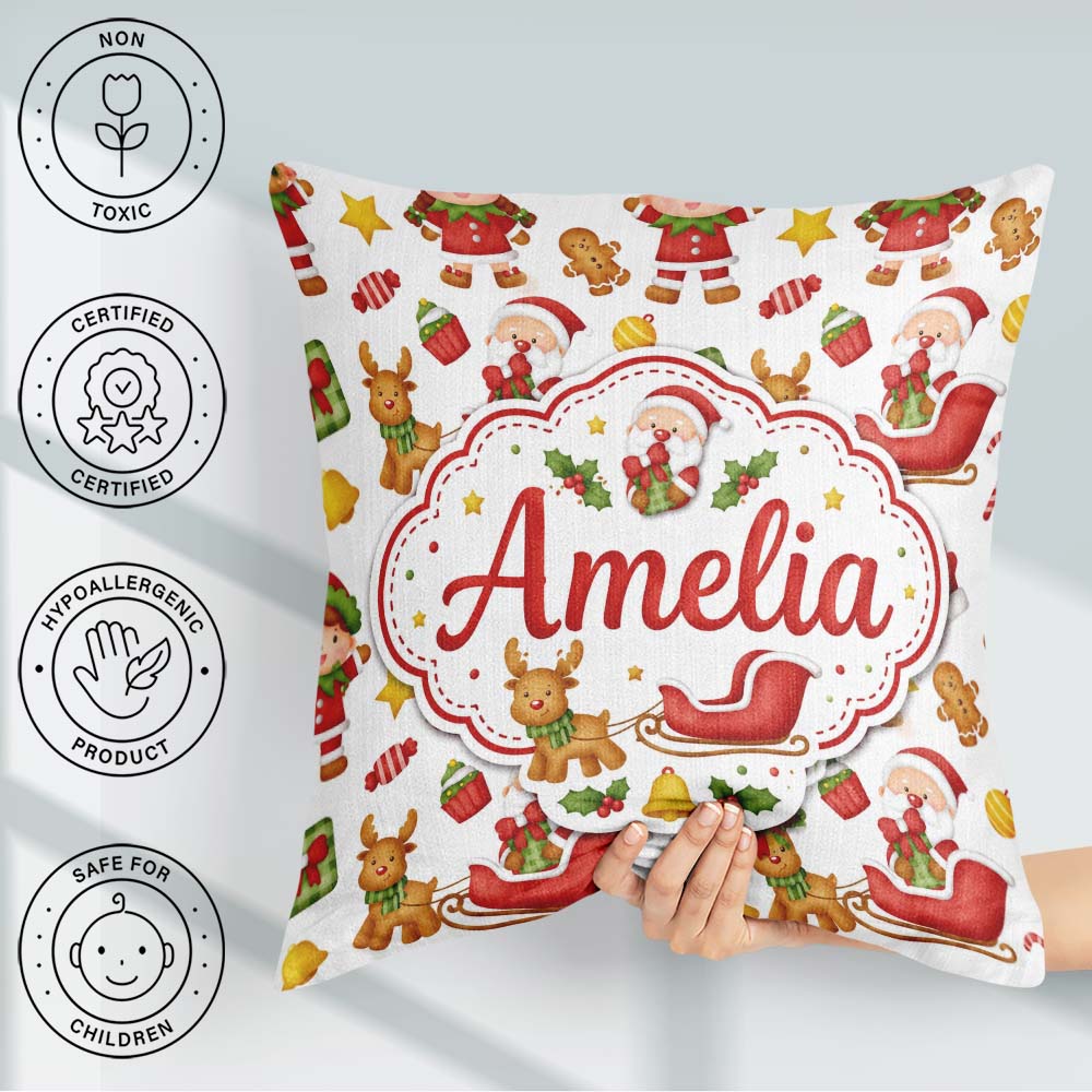 Custom Name Cute Santa Reindeer Elf Characters Seamless Pattern Square Filled Cushion Throw Pillow Sofa Bed Home Decor Zip Washable UK Made