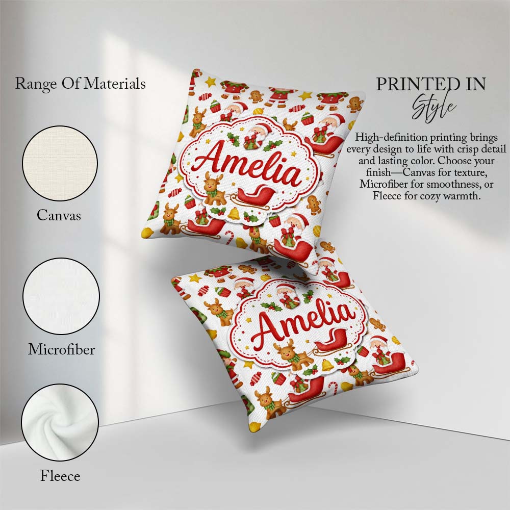 Custom Name Cute Santa Reindeer Elf Characters Seamless Pattern Square Filled Cushion Throw Pillow Sofa Bed Home Decor Zip Washable UK Made