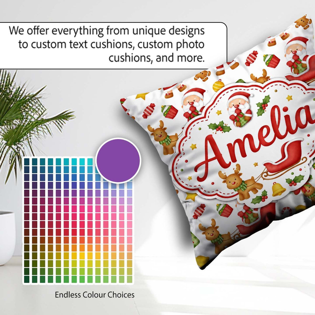 Custom Name Cute Santa Reindeer Elf Characters Seamless Pattern Square Filled Cushion Throw Pillow Sofa Bed Home Decor Zip Washable UK Made