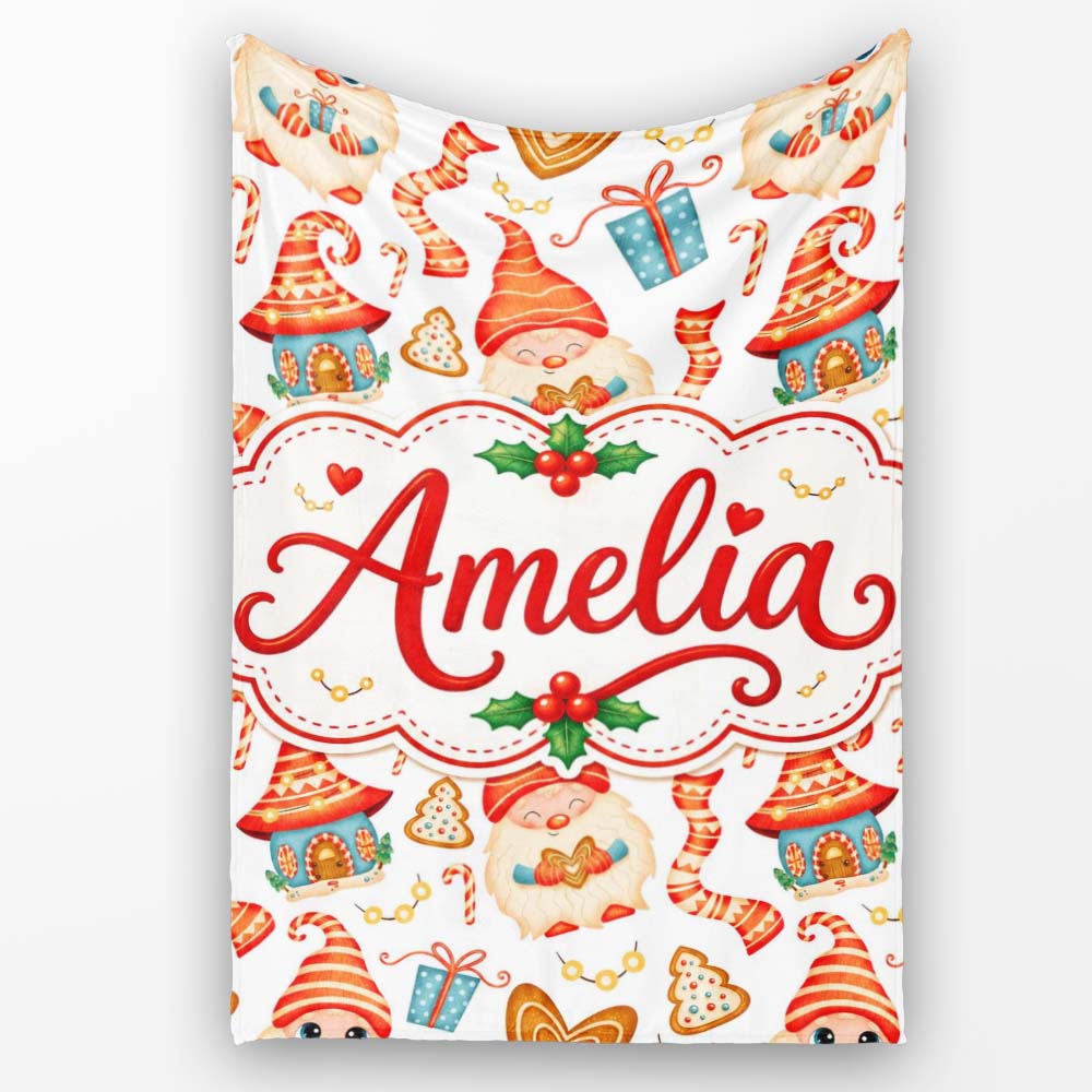 Cute Christmas Gnome House Candy Cane Gift Seamless Pattern Lovely Personalised Custom Name Super Soft Fleece Blanket Bed Sofa Throw
