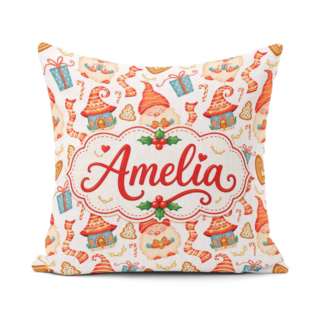 Custom Name Christmas Gnome House Candy Cane Seamless Pattern Square Filled Cushion Throw Pillow Sofa Bed Home Decor Zip Washable UK Made
