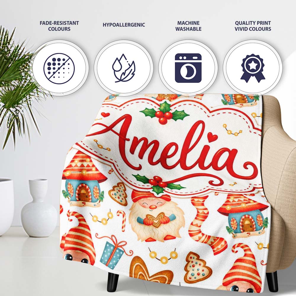 Cute Christmas Gnome House Candy Cane Gift Seamless Pattern Lovely Personalised Custom Name Super Soft Fleece Blanket Bed Sofa Throw