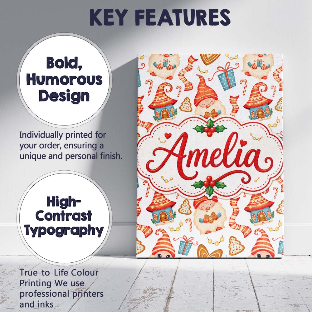 Personalised Name Cute Christmas Gnome Custom Modern Room Accent Elegant Feature Canvas Wall Art Print Decor Picture Ready to Hang