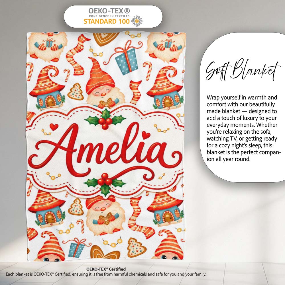 Cute Christmas Gnome House Candy Cane Gift Seamless Pattern Lovely Personalised Custom Name Super Soft Fleece Blanket Bed Sofa Throw