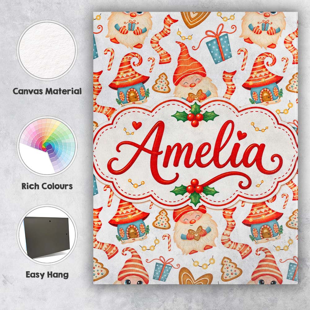 Personalised Name Cute Christmas Gnome Custom Modern Room Accent Elegant Feature Canvas Wall Art Print Decor Picture Ready to Hang