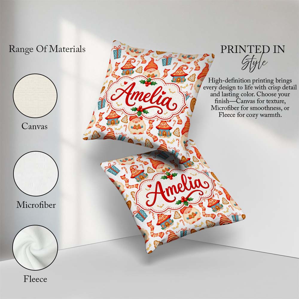 Custom Name Christmas Gnome House Candy Cane Seamless Pattern Square Filled Cushion Throw Pillow Sofa Bed Home Decor Zip Washable UK Made