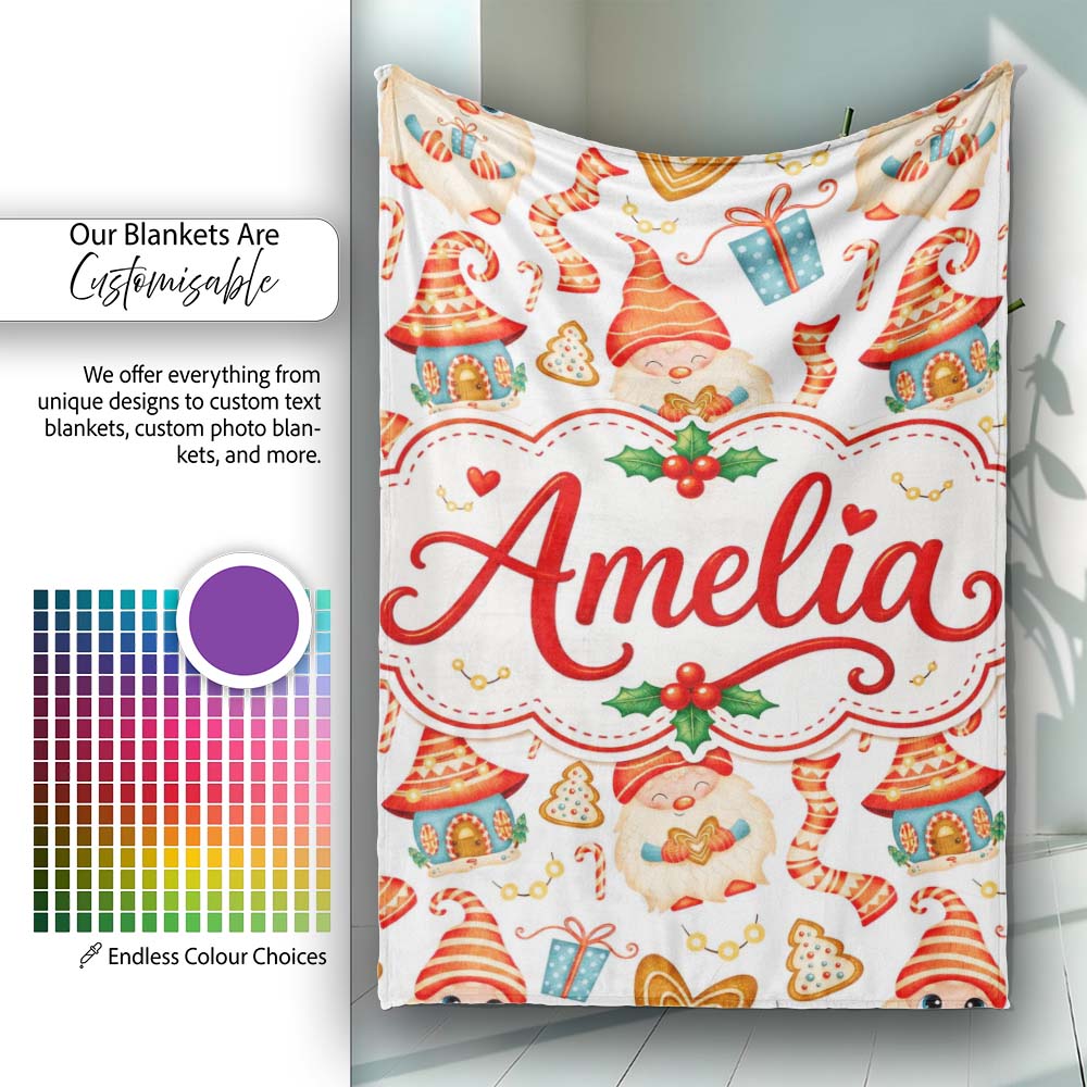 Cute Christmas Gnome House Candy Cane Gift Seamless Pattern Lovely Personalised Custom Name Super Soft Fleece Blanket Bed Sofa Throw