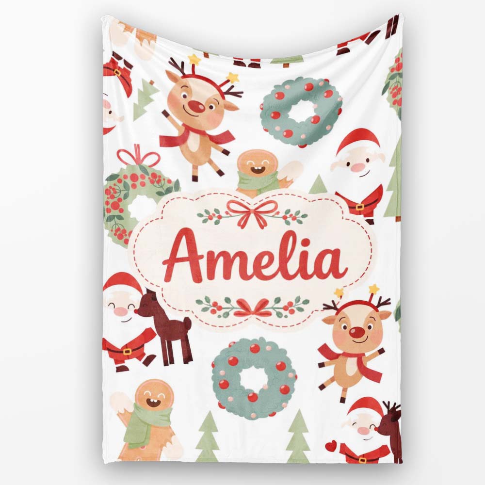 Cute Santa Reindeer Gingerbread Wreath Seamless Pattern Lovely Personalised Custom Name Super Soft Fleece Blanket Bed Sofa Throw