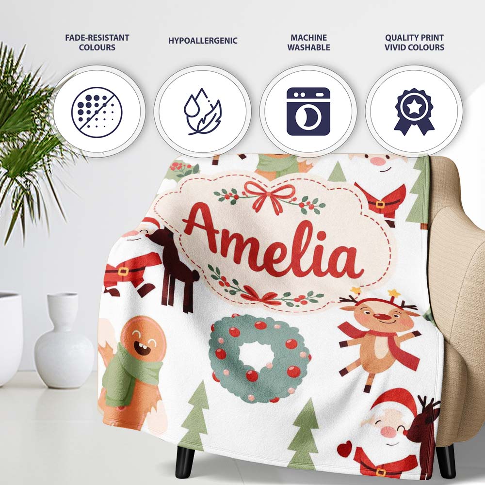 Cute Santa Reindeer Gingerbread Wreath Seamless Pattern Lovely Personalised Custom Name Super Soft Fleece Blanket Bed Sofa Throw