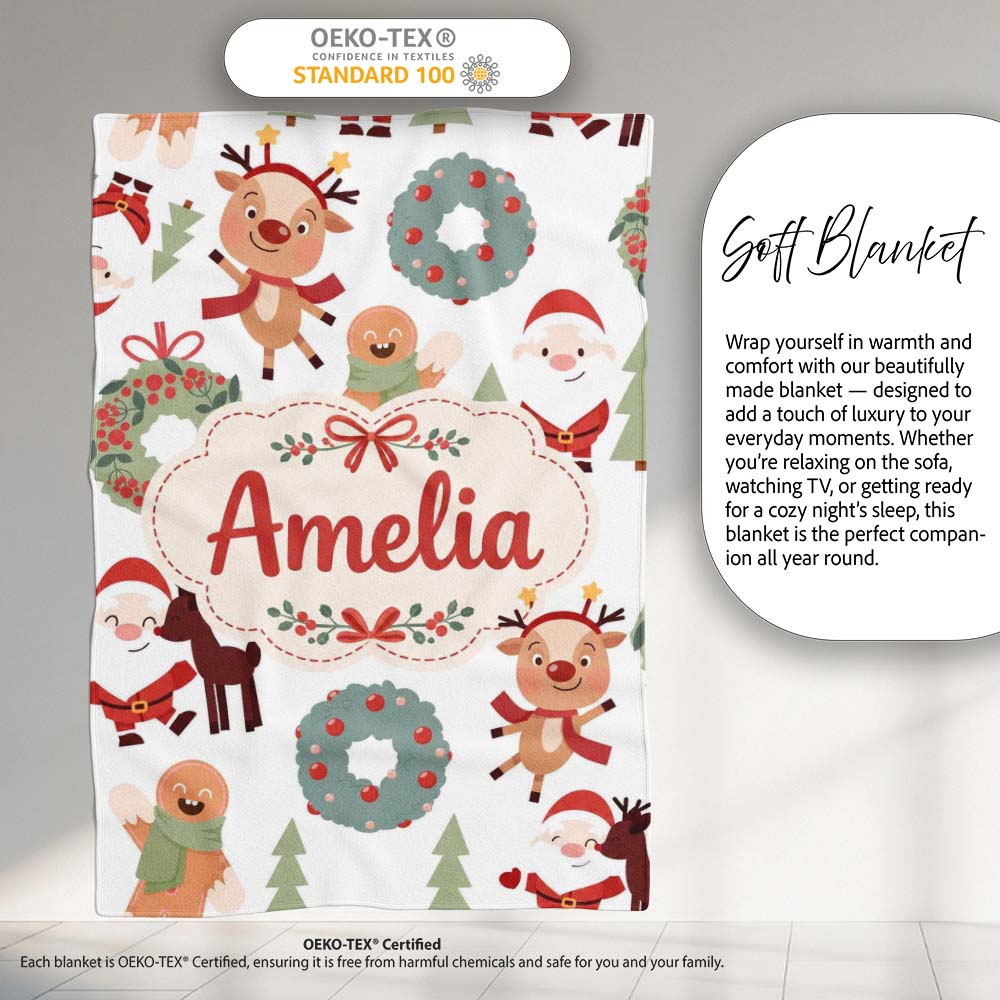 Cute Santa Reindeer Gingerbread Wreath Seamless Pattern Lovely Personalised Custom Name Super Soft Fleece Blanket Bed Sofa Throw