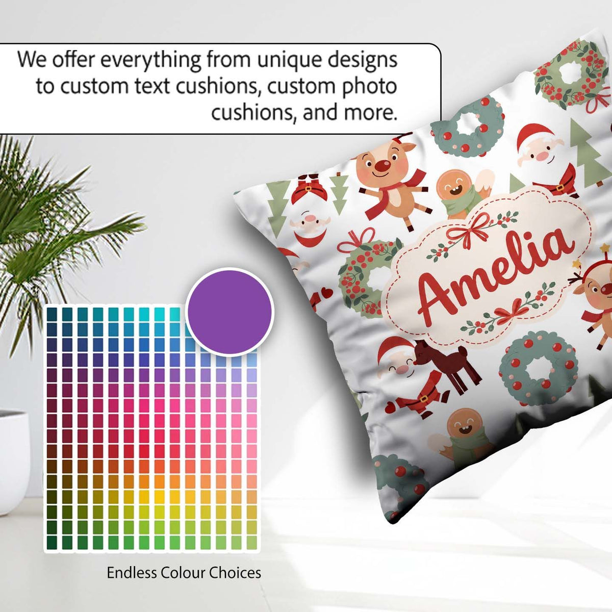 Custom Name Santa Reindeer Gingerbread Wreath Seamless Pattern Square Filled Cushion Throw Pillow Sofa Bed Home Decor Zip Washable UK Made