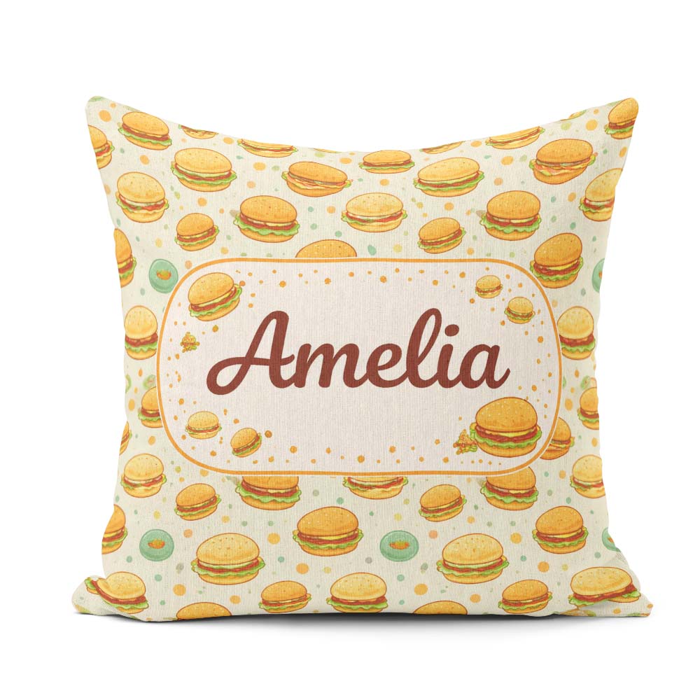 Custom Name Mini Burger Seamless Mint Green Background Fast Food Square Filled Cushion Throw Pillow Sofa Bed Home Decor Zip Washable UK Made