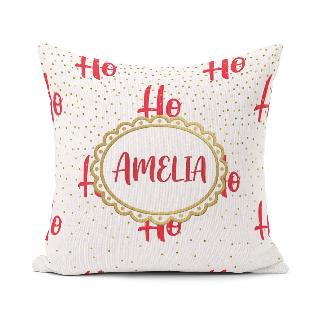 Custom Name Festive Ho Ho Ho Red Gold Polka Dot Seamless Pattern Square Filled Cushion Throw Pillow Sofa Bed Home Decor Zip Washable UK Made