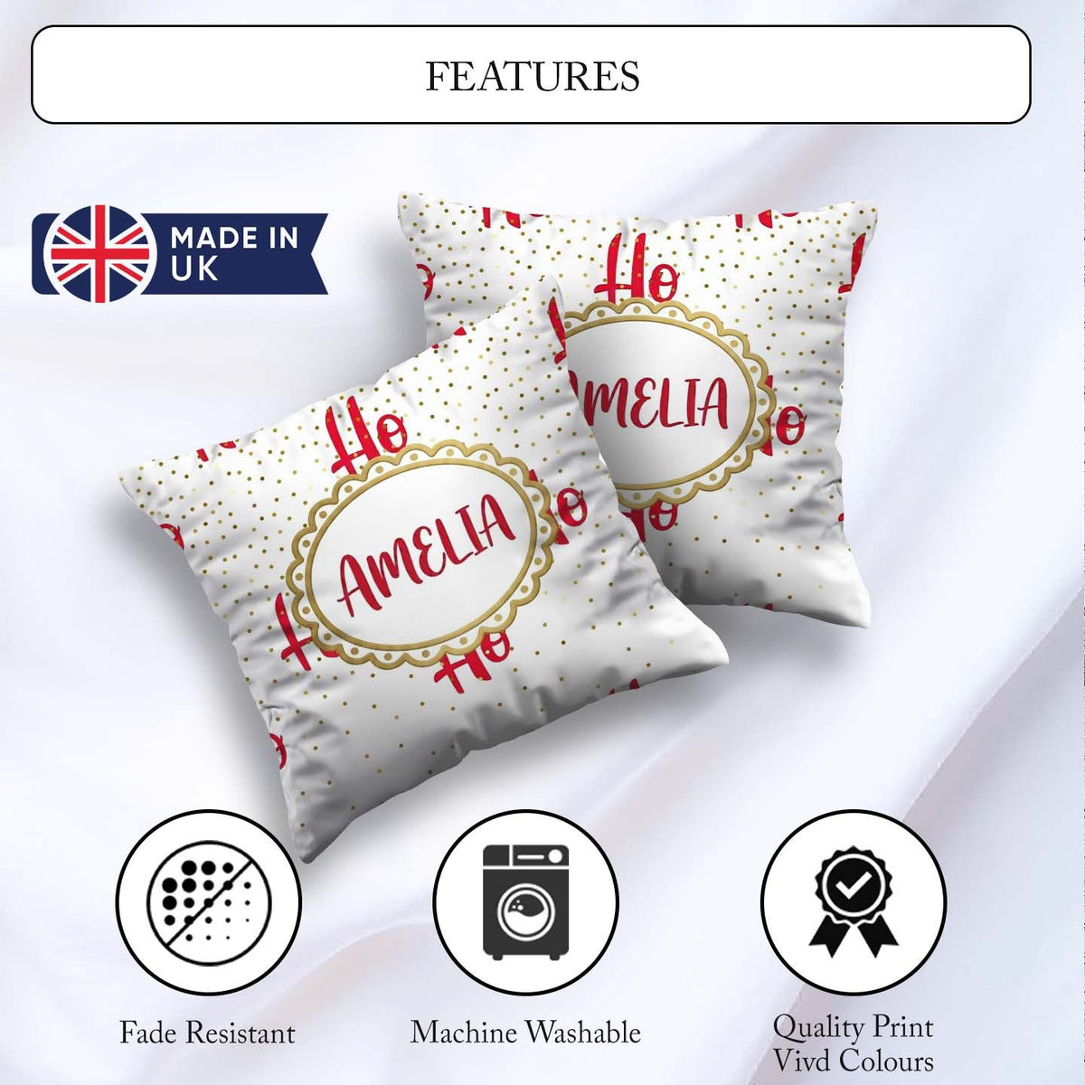 Custom Name Festive Ho Ho Ho Red Gold Polka Dot Seamless Pattern Square Filled Cushion Throw Pillow Sofa Bed Home Decor Zip Washable UK Made
