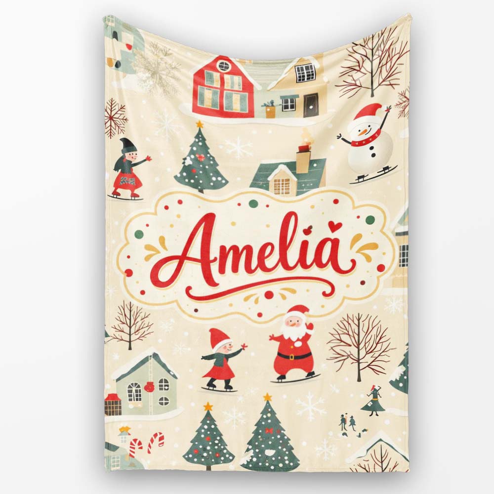 Vintage Christmas Village Snowman Santa Winter Scene Seamless Lovely Personalised Custom Name Super Soft Fleece Blanket Bed Sofa Throw
