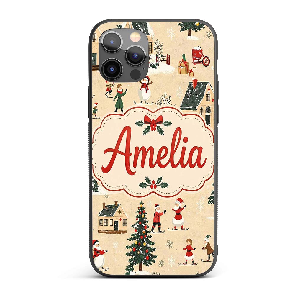 Classic Winter Village Ice Skating Christmas Custom Name Protective Phone Case Mobile Cover Durable Everyday Smartphone Shock Resistant