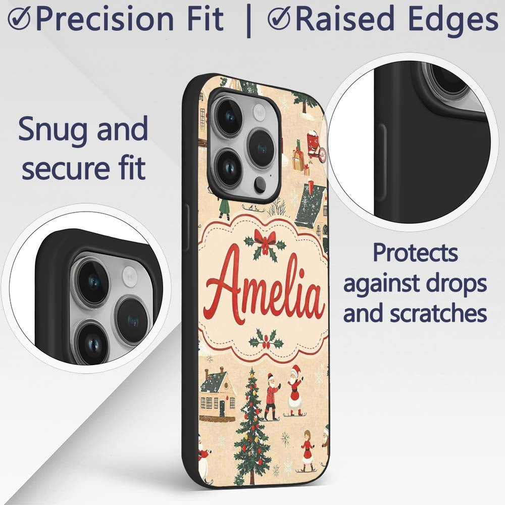Classic Winter Village Ice Skating Christmas Custom Name Protective Phone Case Mobile Cover Durable Everyday Smartphone Shock Resistant